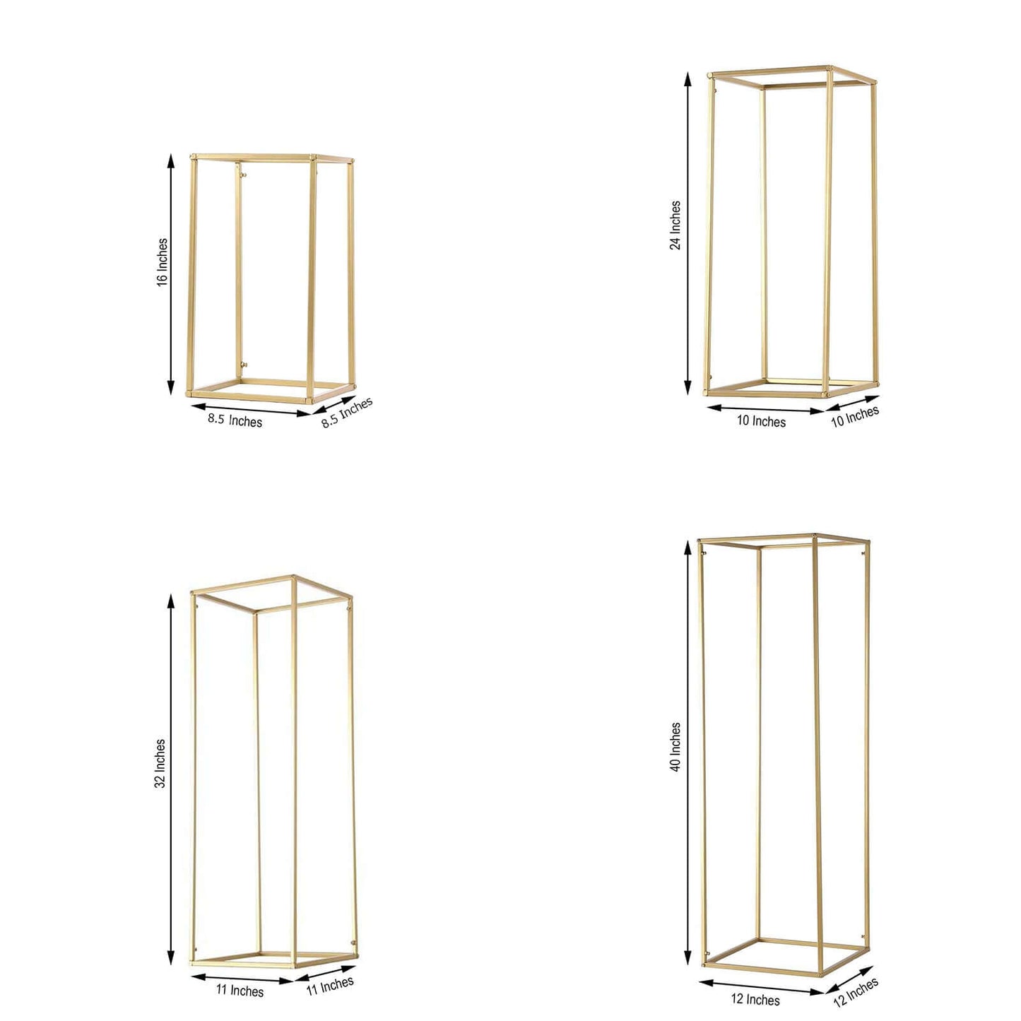 Set of 4 Metal Flower Stands Frame Wedding Column Centerpieces Matte Gold - Durable Display 16"/24"/32"/40" - Linen Luxes