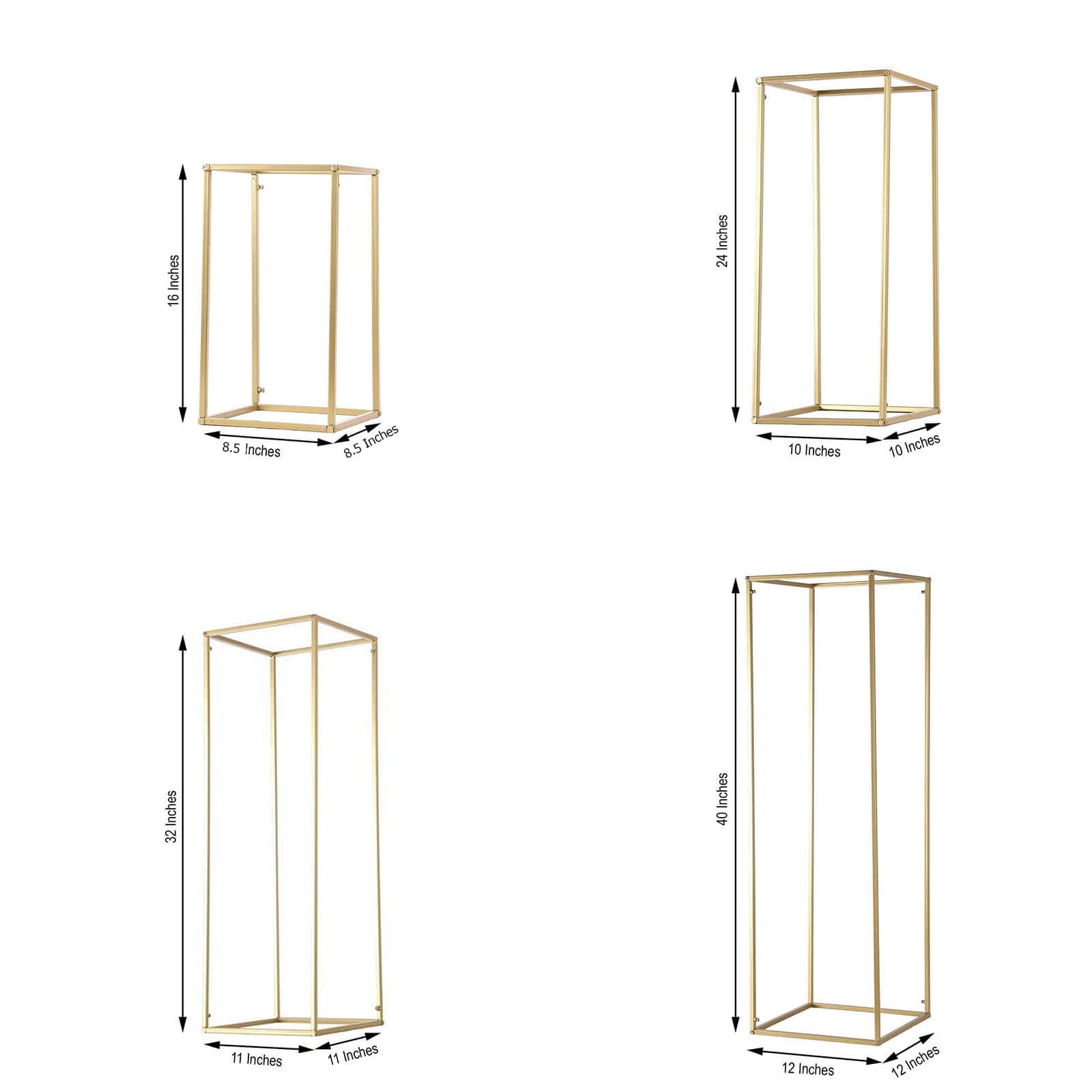 Set of 4 Metal Flower Stands Frame Wedding Column Centerpieces Matte Gold - Durable Display 16"/24"/32"/40" - Linen Luxes