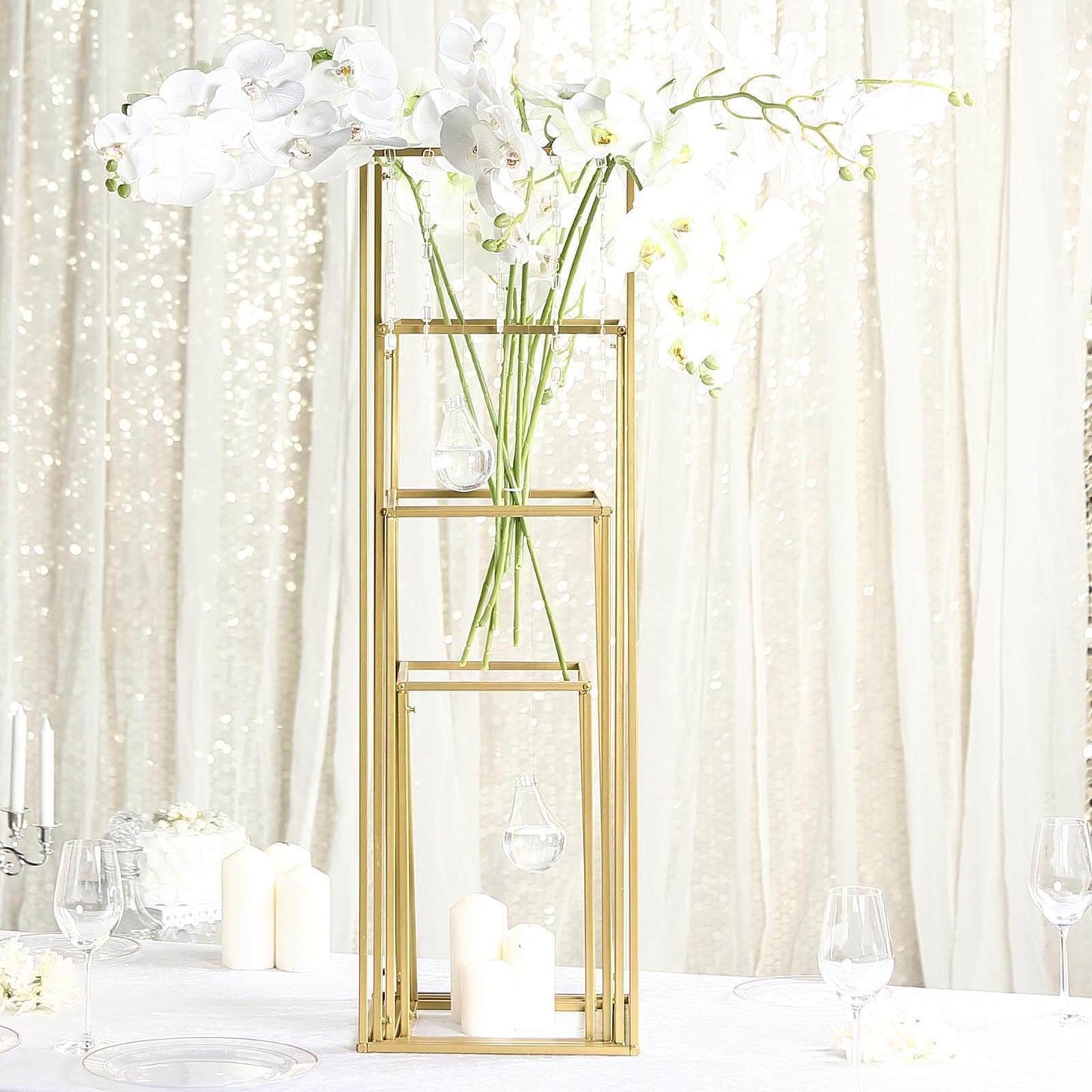 Set of 4 Metal Flower Stands Frame Wedding Column Centerpieces Matte Gold - Durable Display 16"/24"/32"/40" - Linen Luxes