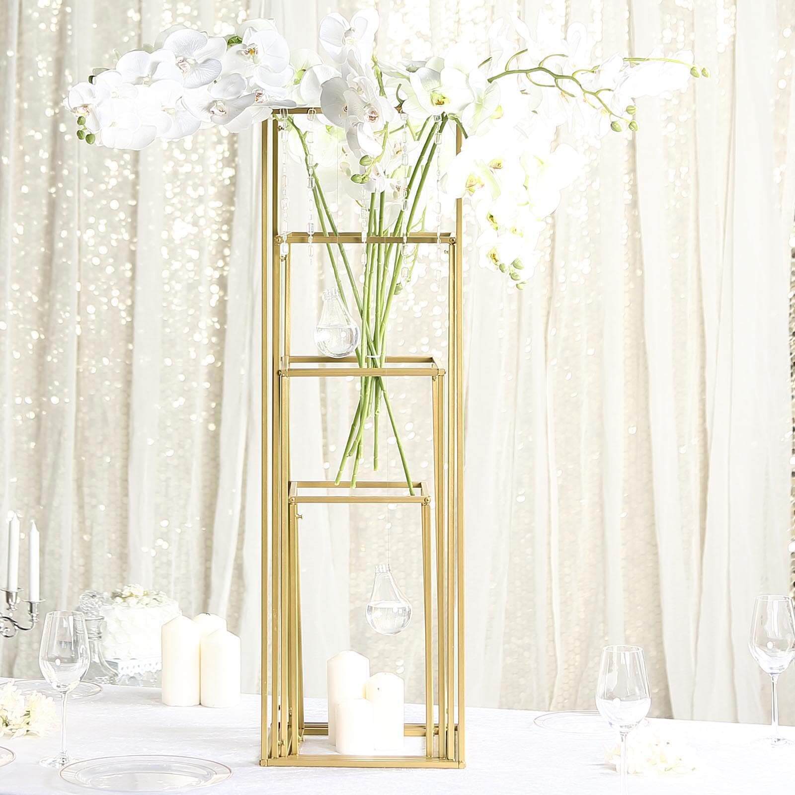 Set of 4 Metal Flower Stands Frame Wedding Column Centerpieces Matte Gold - Durable Display 16"/24"/32"/40" - Linen Luxes