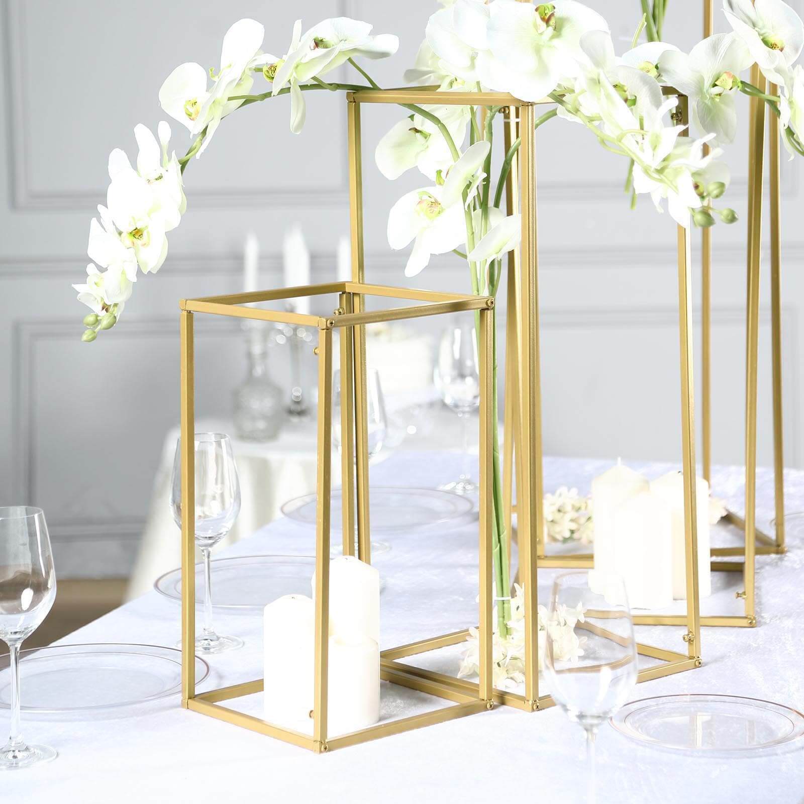 Set of 4 Metal Flower Stands Frame Wedding Column Centerpieces Matte Gold - Durable Display 16"/24"/32"/40" - Linen Luxes