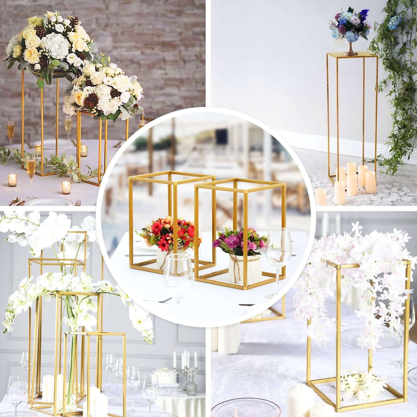 Set of 4 Metal Flower Stands Frame Wedding Column Centerpieces Matte Gold - Durable Display 16"/24"/32"/40" - Linen Luxes