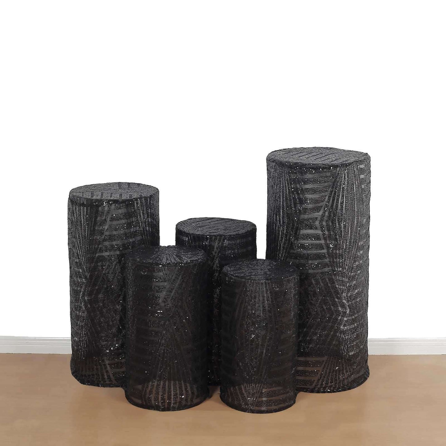 Set of 5 Black Sequin Mesh Cylinder Pedestal Stand Covers with Geometric Pattern Embroidery, Sparkly Sheer Tulle Pillar Prop Covers