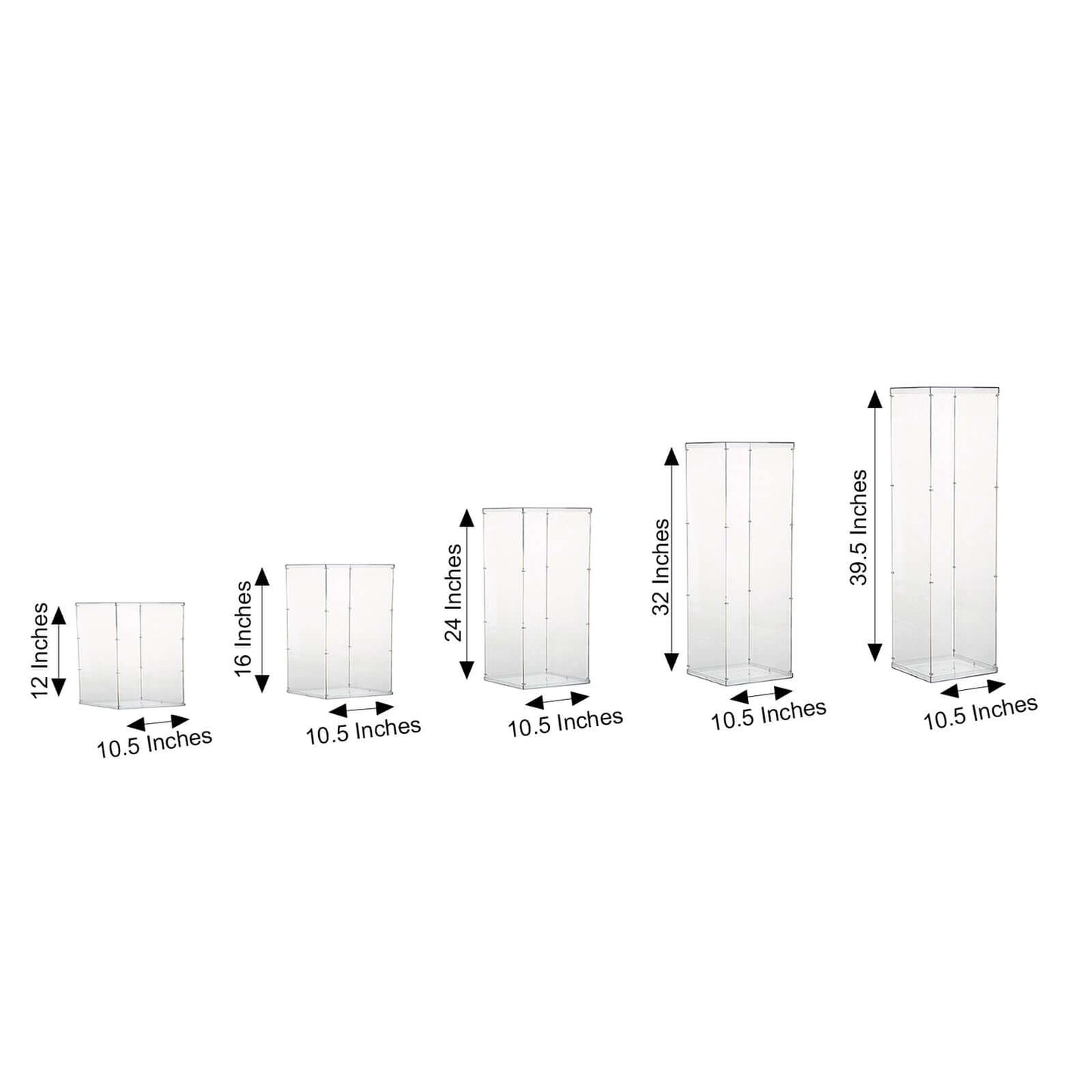 Set of 5 Clear Acrylic Display Boxes, Transparent Pedestal Risers with Interchangeable Lid and Base - 12",16",24",32",40" - Linen Luxes