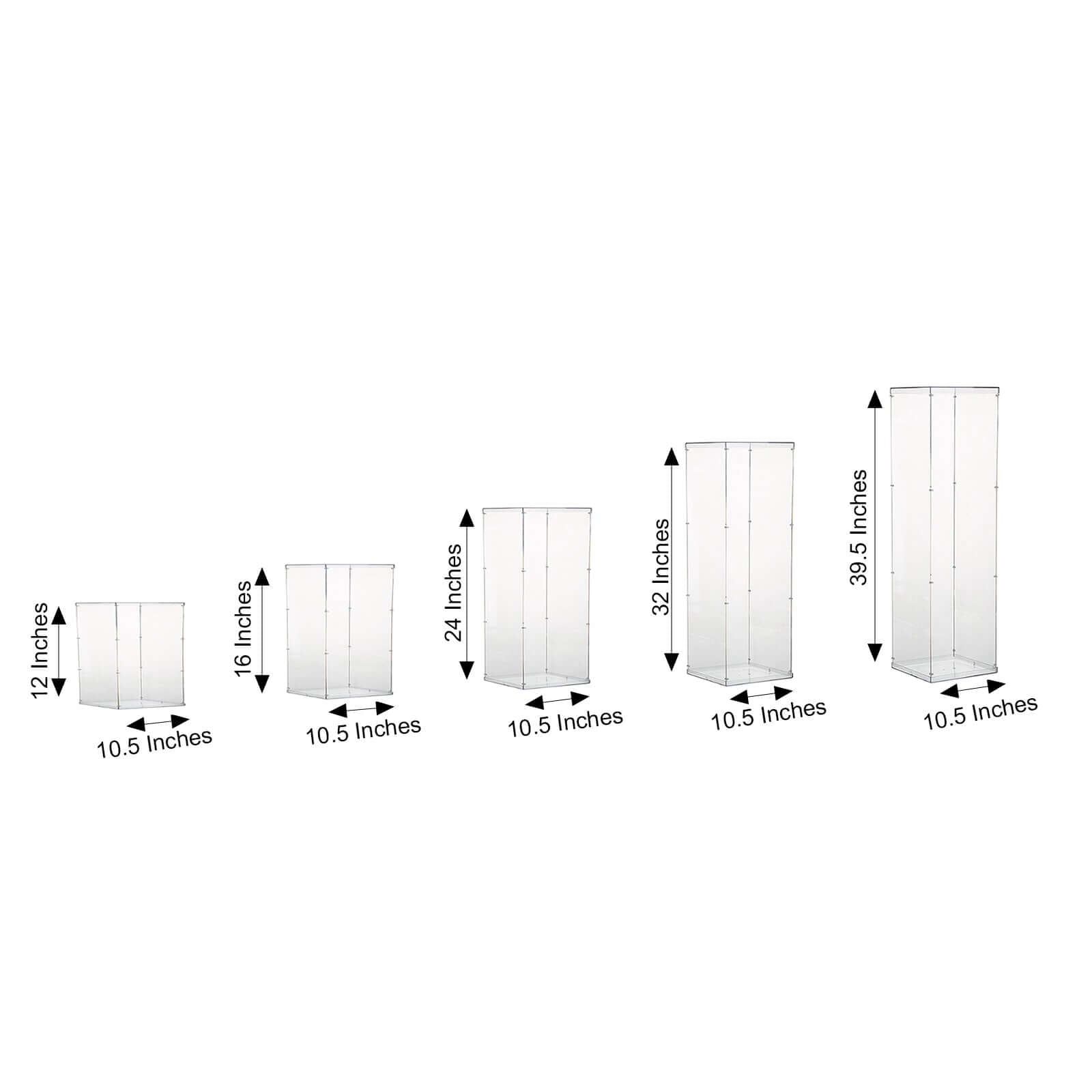 Set of 5 Clear Acrylic Display Boxes, Transparent Pedestal Risers with Interchangeable Lid and Base - 12",16",24",32",40" - Linen Luxes