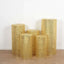 Set of 5 Gold Sequin Mesh Cylinder Pedestal Stand Covers with Geometric Pattern Embroidery, Sparkly Sheer Tulle Pillar Prop Covers