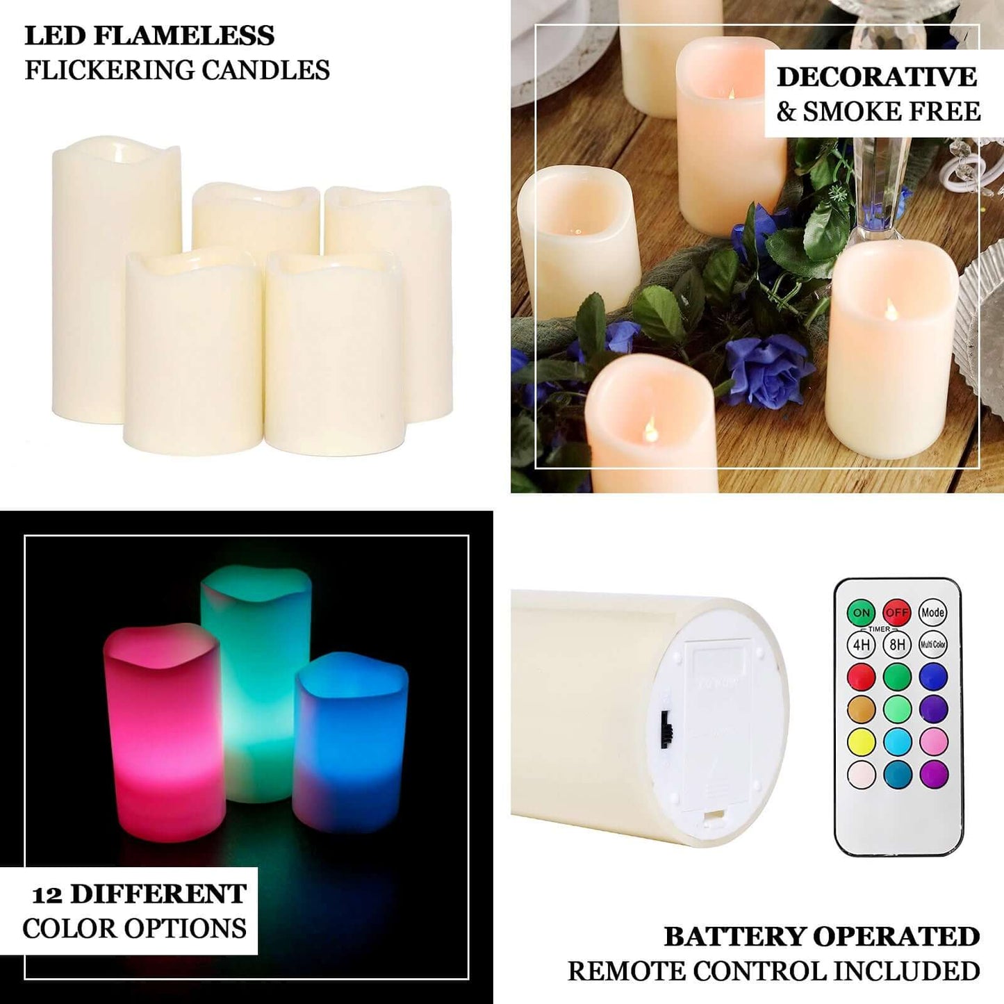 Set of 5 LED Flickering Pillar Candles Color Changing Ivory with Remote - Battery Operated 4", 5", 6" - Linen Luxes
