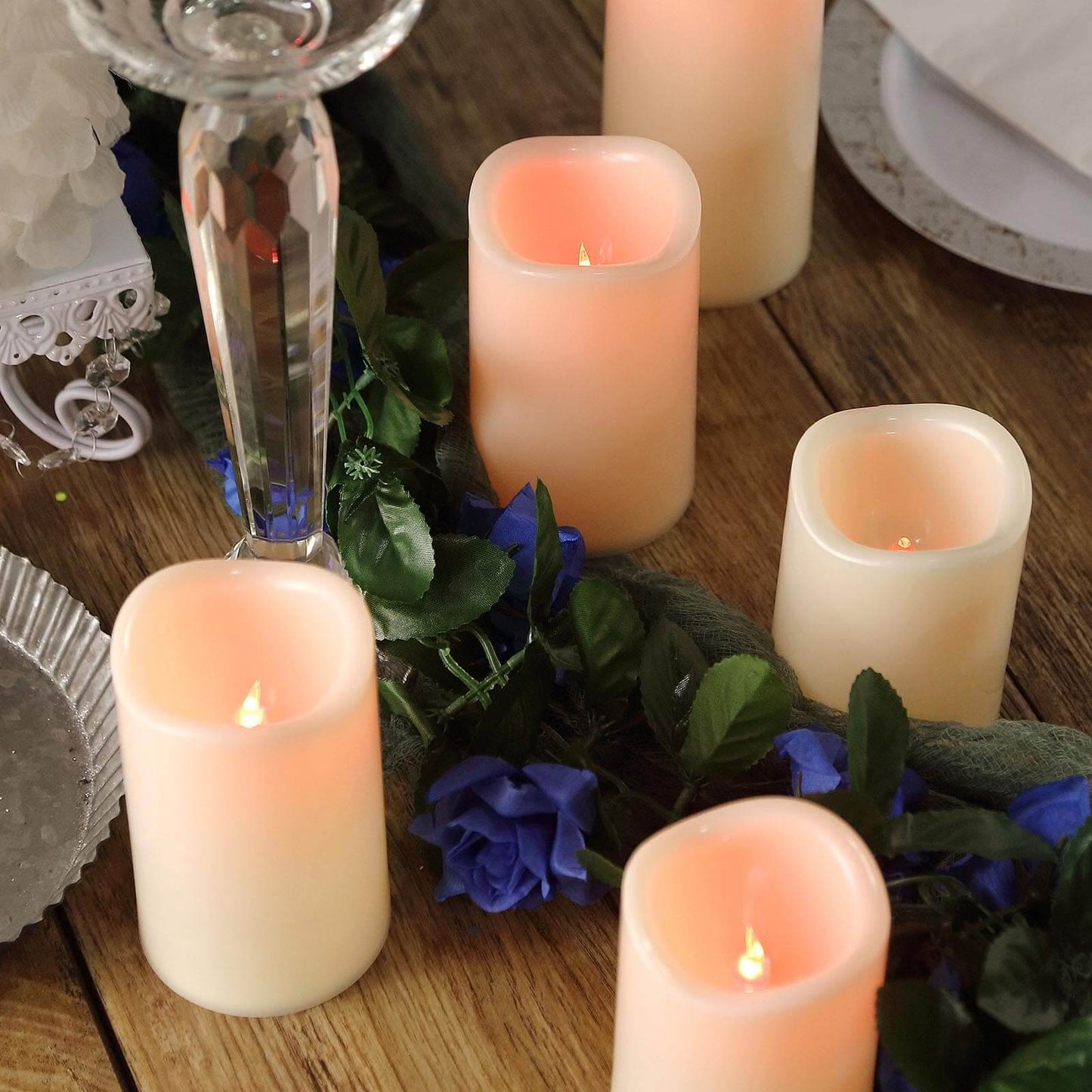 Set of 5 LED Flickering Pillar Candles Color Changing Ivory with Remote - Battery Operated 4", 5", 6" - Linen Luxes