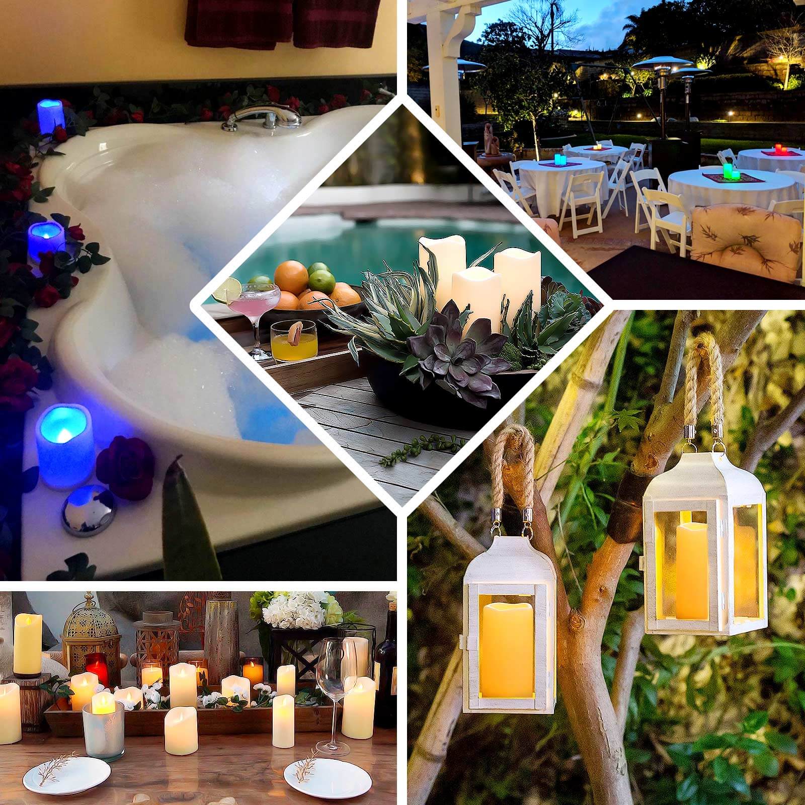 Set of 5 LED Flickering Pillar Candles Color Changing Ivory with Remote - Battery Operated 4", 5", 6" - Linen Luxes