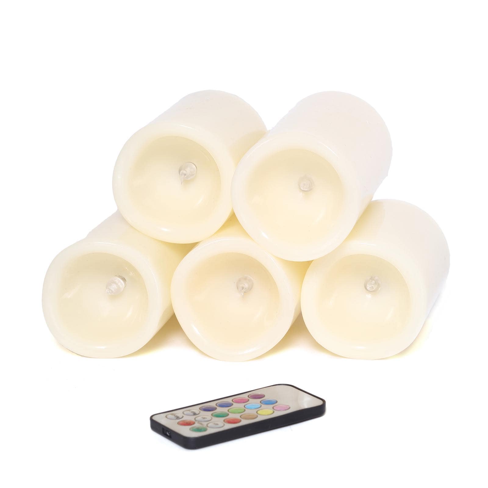 Set of 5 LED Flickering Pillar Candles Color Changing Ivory with Remote - Battery Operated 4", 5", 6" - Linen Luxes