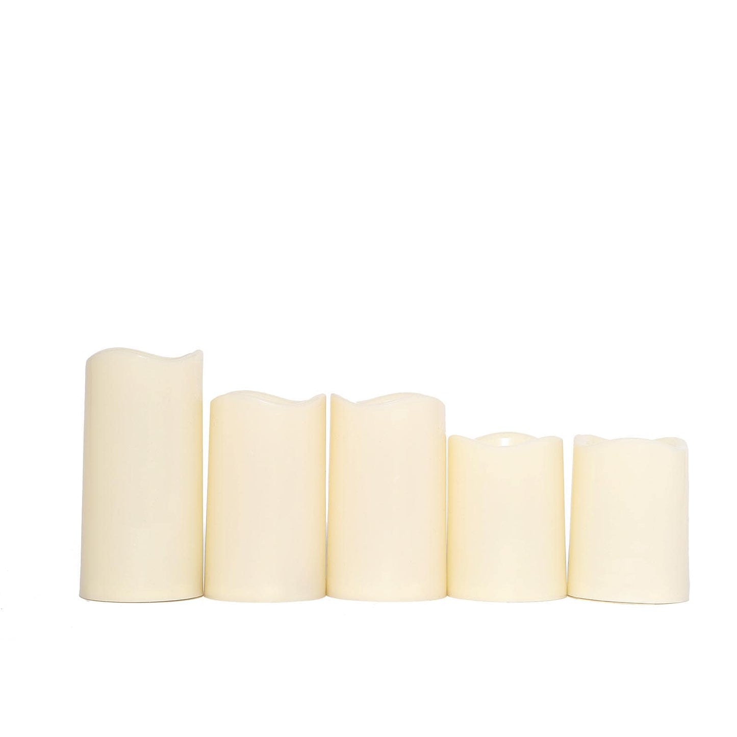 Set of 5 LED Flickering Pillar Candles Color Changing Ivory with Remote - Battery Operated 4", 5", 6" - Linen Luxes