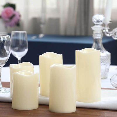 Set of 5 LED Flickering Pillar Candles Color Changing Ivory with Remote - Battery Operated 4", 5", 6" - Linen Luxes