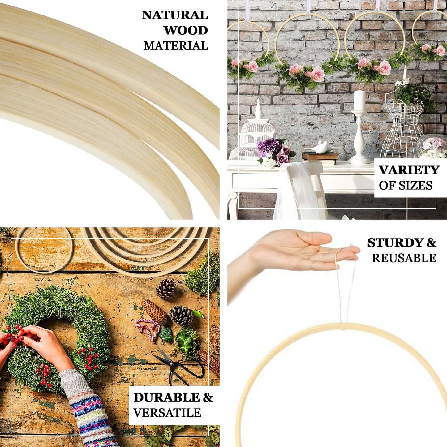 Set of 5 Natural Wooden Rings for Crafts, Floral Hoop Wreath - Linen Luxes