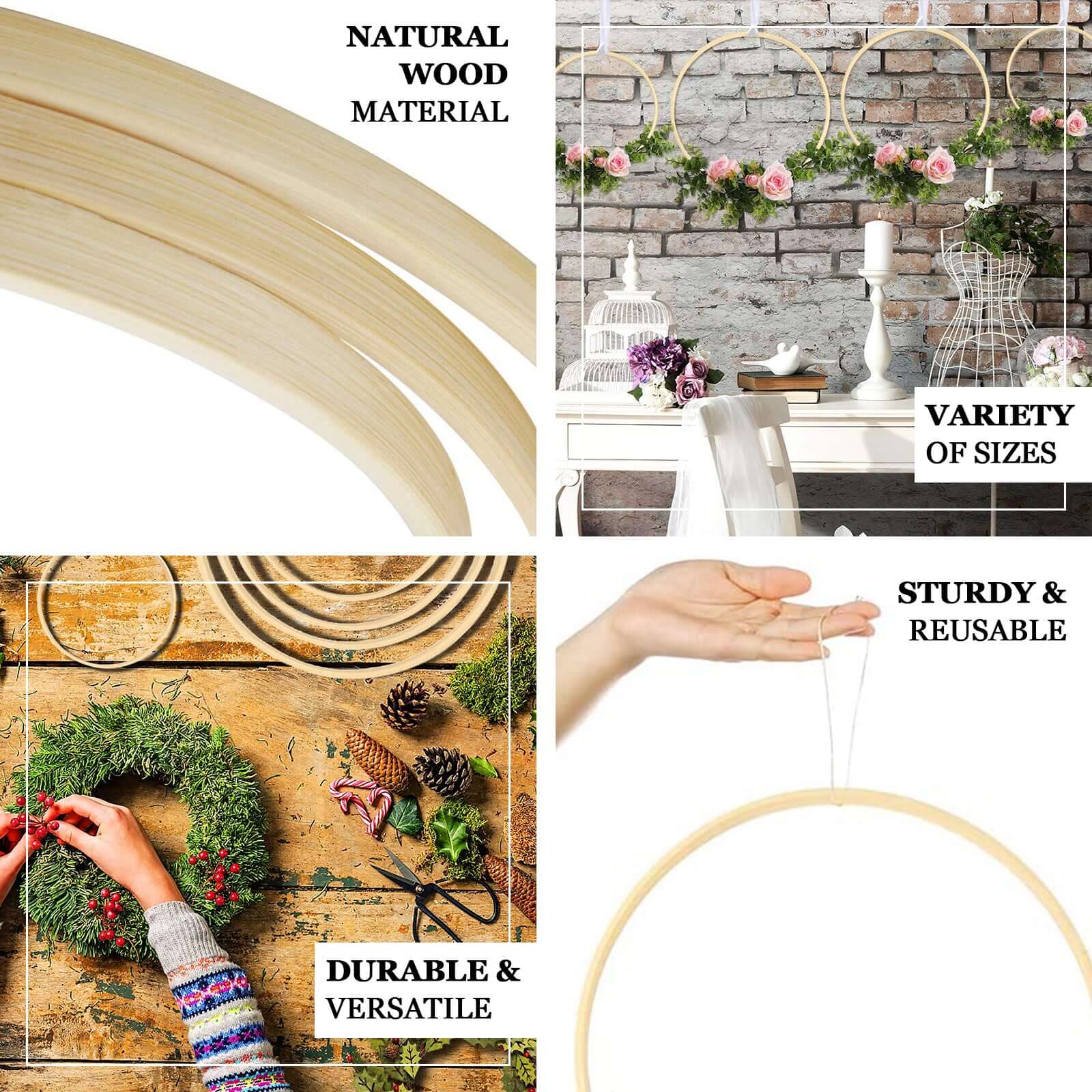 Set of 5 Natural Wooden Rings for Crafts, Floral Hoop Wreath - Linen Luxes