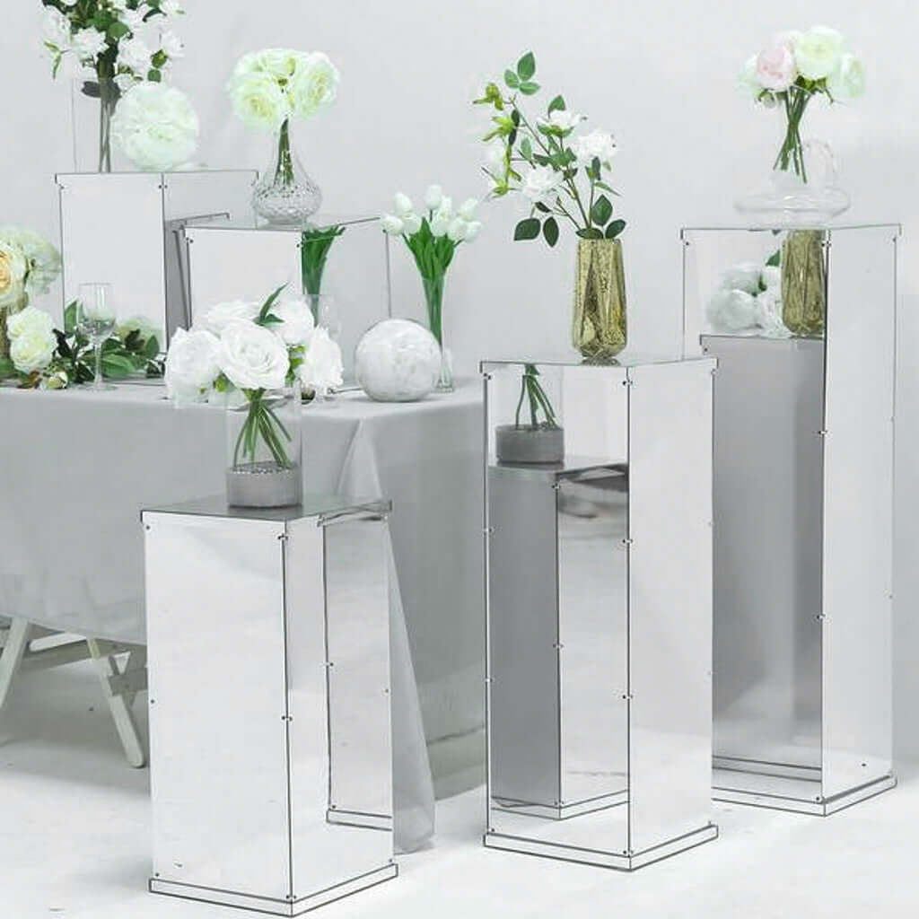 Set of 5 Silver Mirror Finish Acrylic Display Boxes, Pedestal Risers with Interchangeable Lid and Base - 12",16",24",32",40" - Linen Luxes