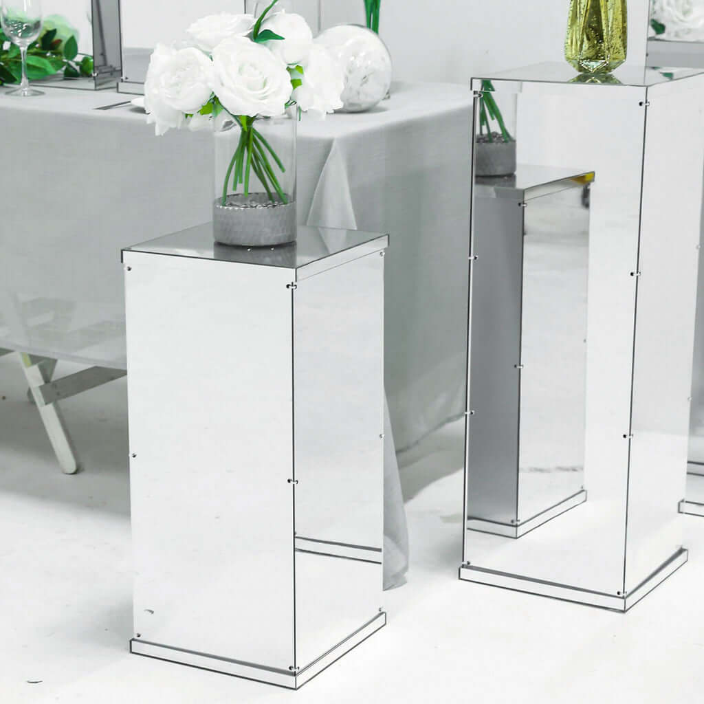 Set of 5 Silver Mirror Finish Acrylic Display Boxes, Pedestal Risers with Interchangeable Lid and Base - 12",16",24",32",40" - Linen Luxes