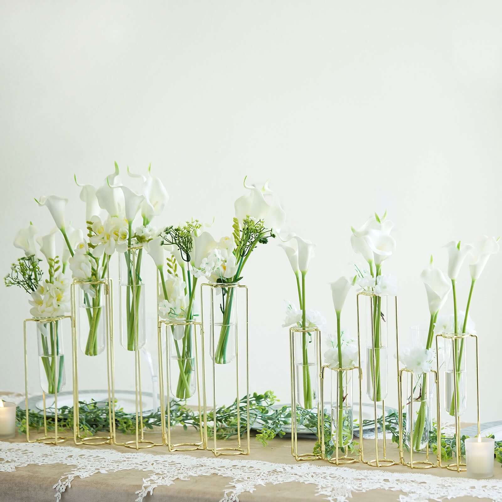 Set of 5 Wedding Centerpieces Gold Frame Conjoined Geometric Design - Test Tube Hydroponic Vases 12" - Linen Luxes