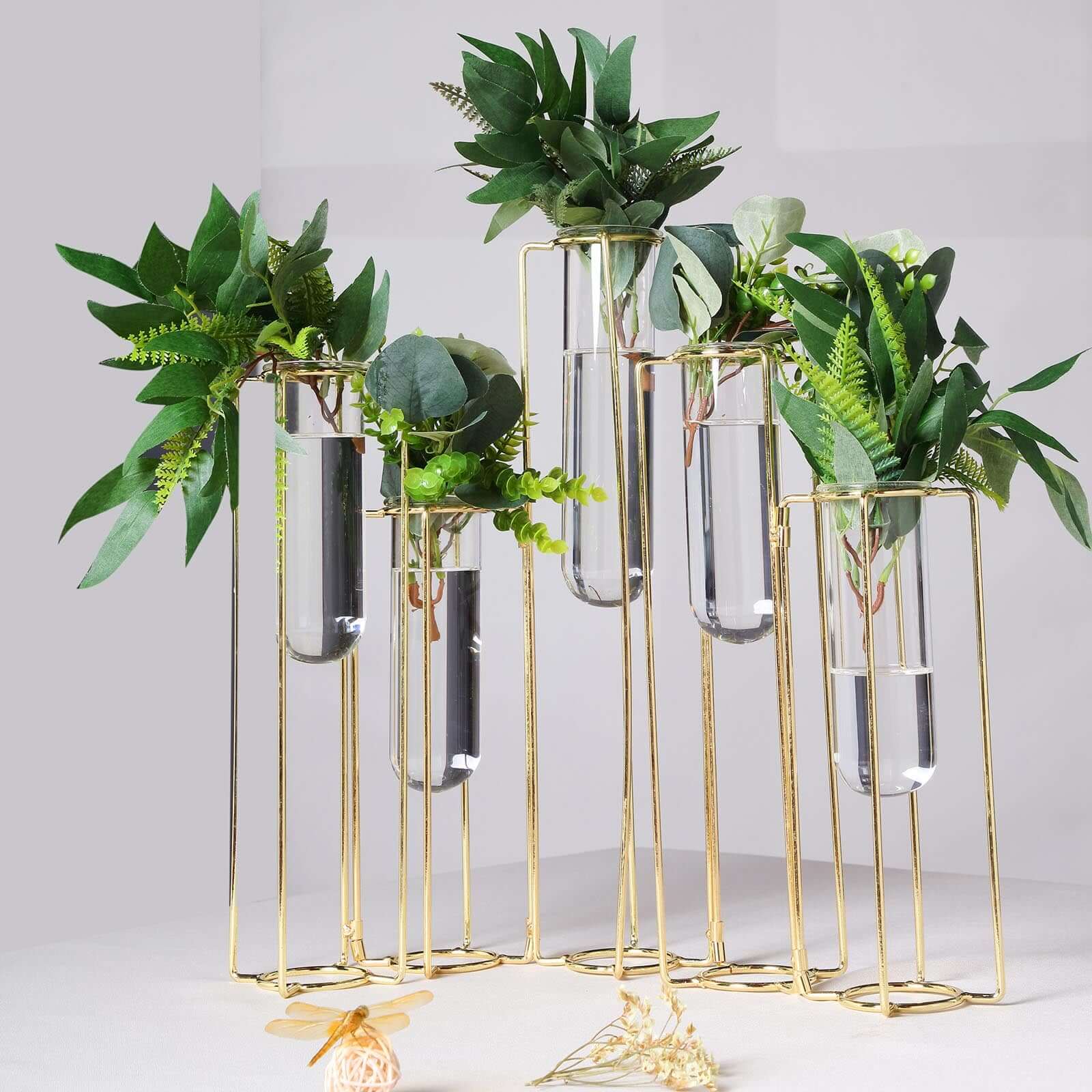 Set of 5 Wedding Centerpieces Gold Frame Conjoined Geometric Design - Test Tube Hydroponic Vases 12" - Linen Luxes