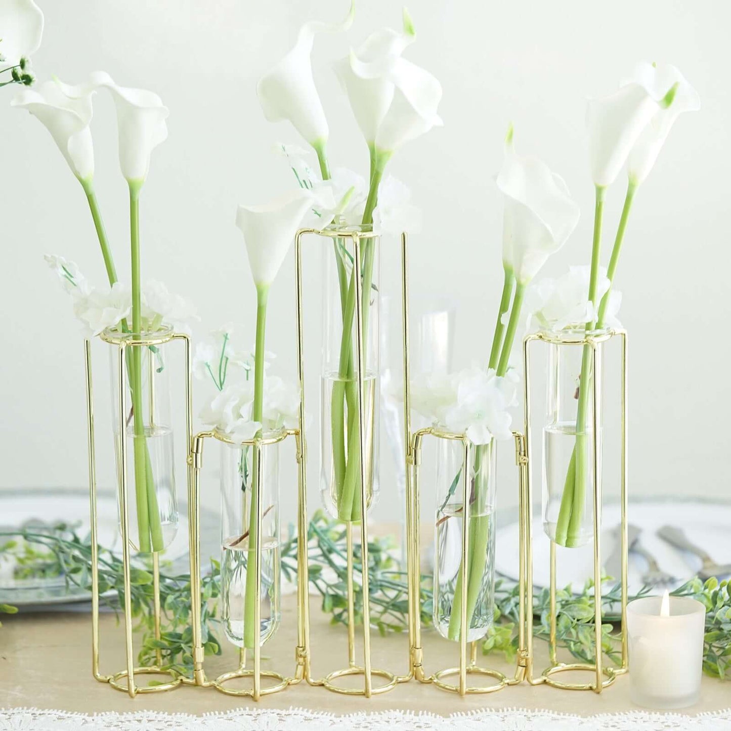 Set of 5 Wedding Centerpieces Gold Frame Conjoined Geometric Design - Test Tube Hydroponic Vases 12" - Linen Luxes