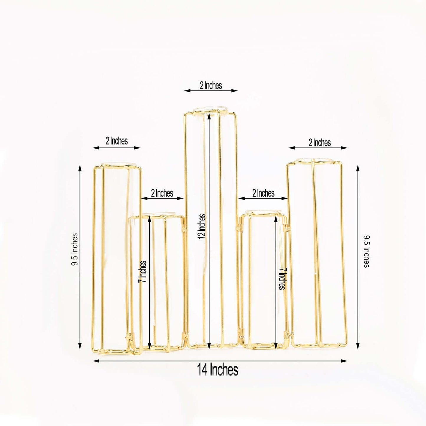 Set of 5 Wedding Centerpieces Gold Frame Conjoined Geometric Design - Test Tube Hydroponic Vases 12" - Linen Luxes