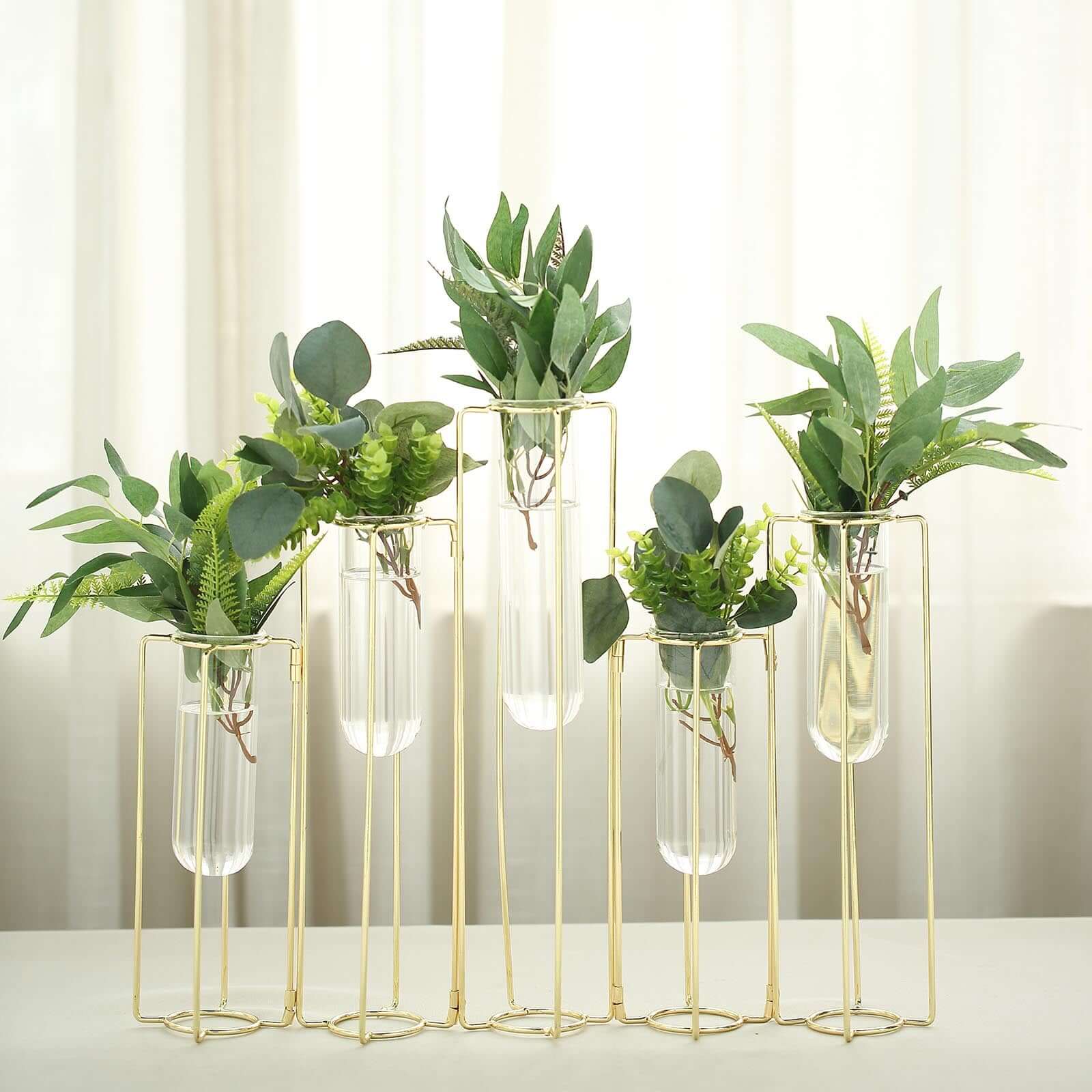Set of 5 Wedding Centerpieces Gold Frame Conjoined Geometric Design - Test Tube Hydroponic Vases 12" - Linen Luxes