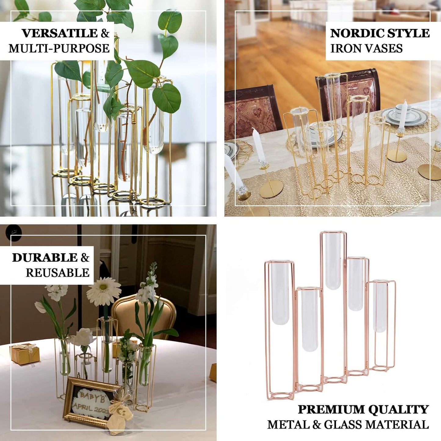 Set of 5 Wedding Centerpieces Gold Frame Conjoined Geometric Design - Test Tube Hydroponic Vases 12" - Linen Luxes