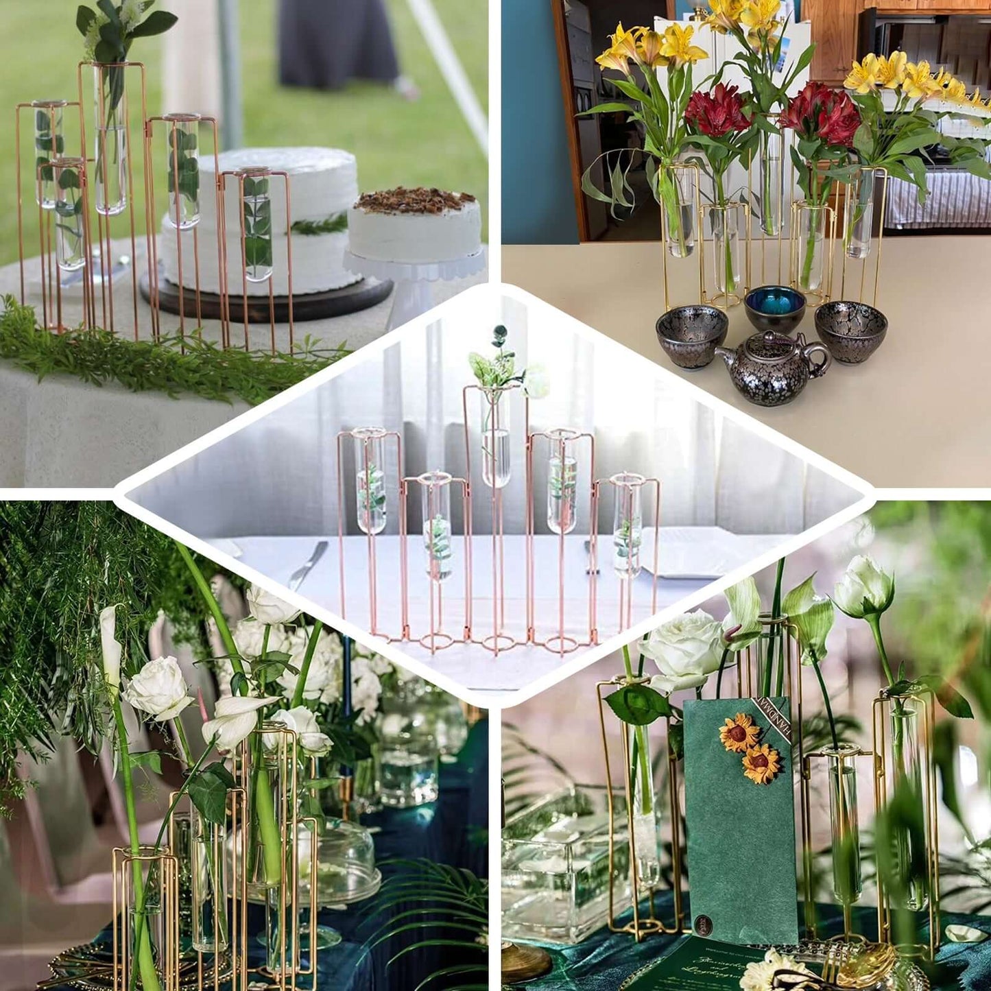 Set of 5 Wedding Centerpieces Gold Frame Conjoined Geometric Design - Test Tube Hydroponic Vases 12" - Linen Luxes