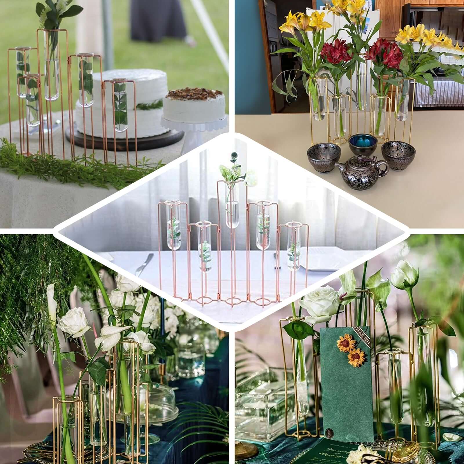 Set of 5 Wedding Centerpieces Gold Frame Conjoined Geometric Design - Test Tube Hydroponic Vases 12" - Linen Luxes