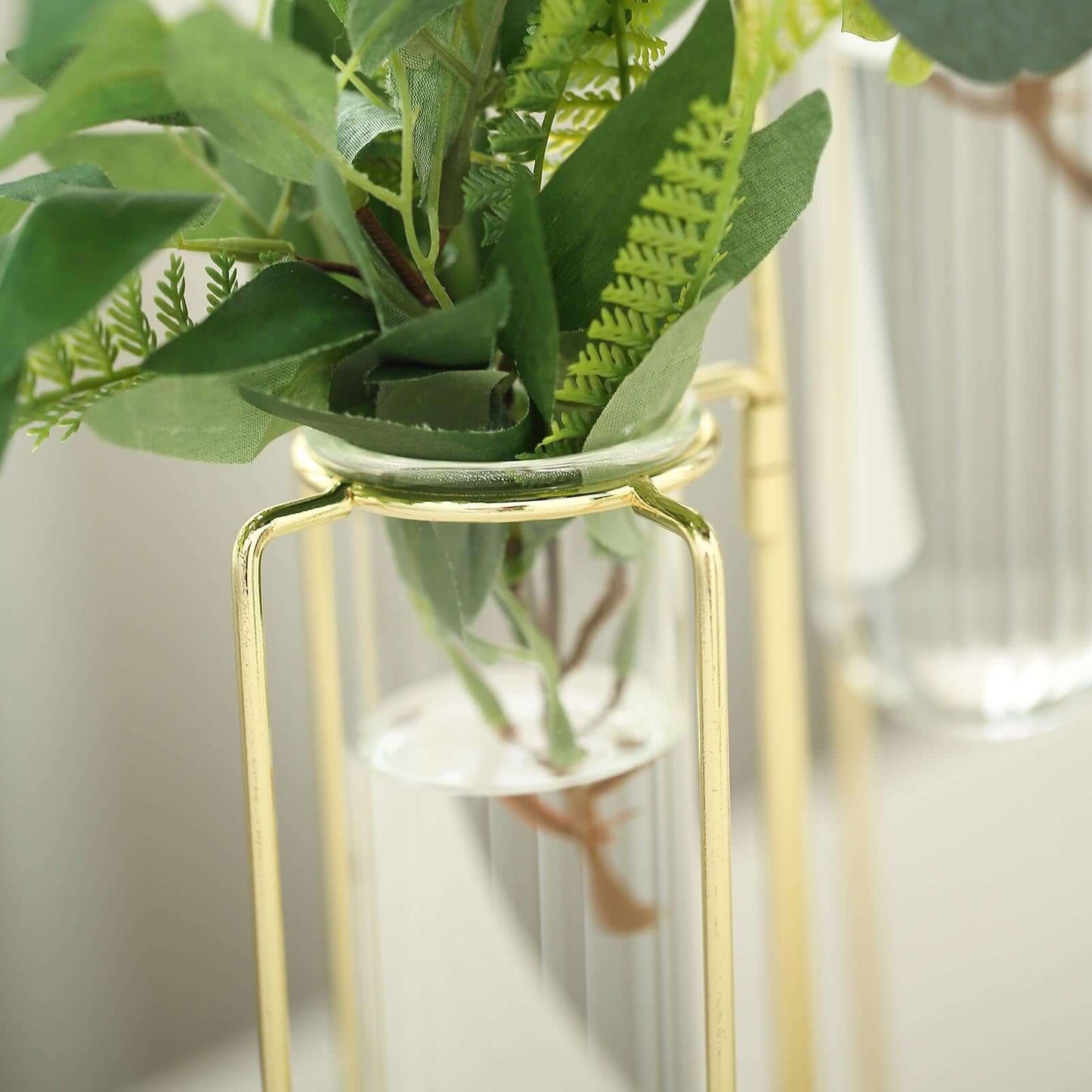 Set of 5 Wedding Centerpieces Gold Frame Conjoined Geometric Design - Test Tube Hydroponic Vases 12" - Linen Luxes