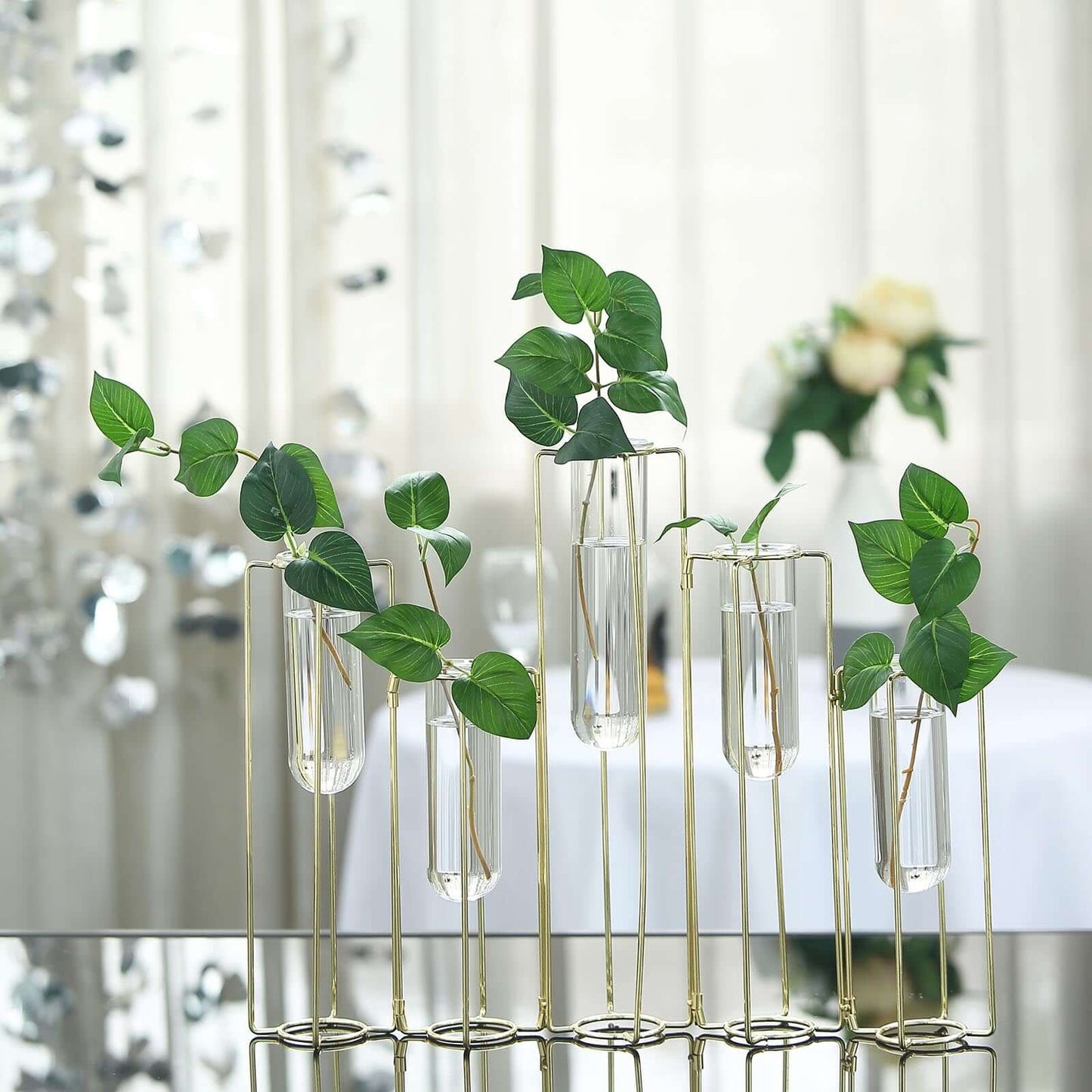 Set of 5 Wedding Centerpieces Gold Frame Conjoined Geometric Design - Test Tube Hydroponic Vases 12" - Linen Luxes