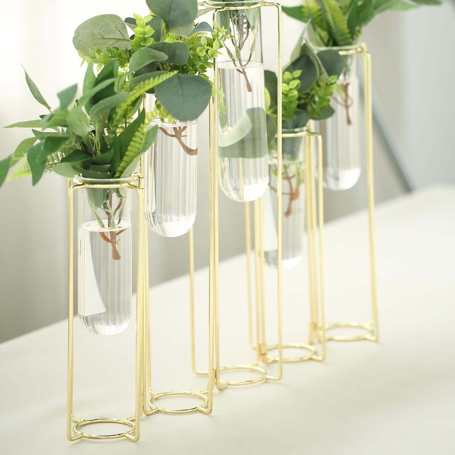Set of 5 Wedding Centerpieces Gold Frame Conjoined Geometric Design - Test Tube Hydroponic Vases 12" - Linen Luxes