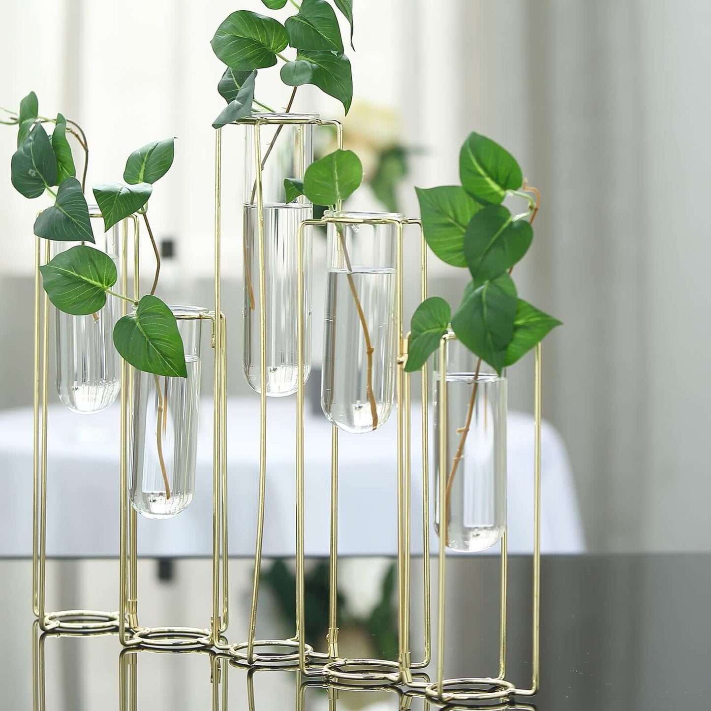 Set of 5 Wedding Centerpieces Gold Frame Conjoined Geometric Design - Test Tube Hydroponic Vases 12" - Linen Luxes