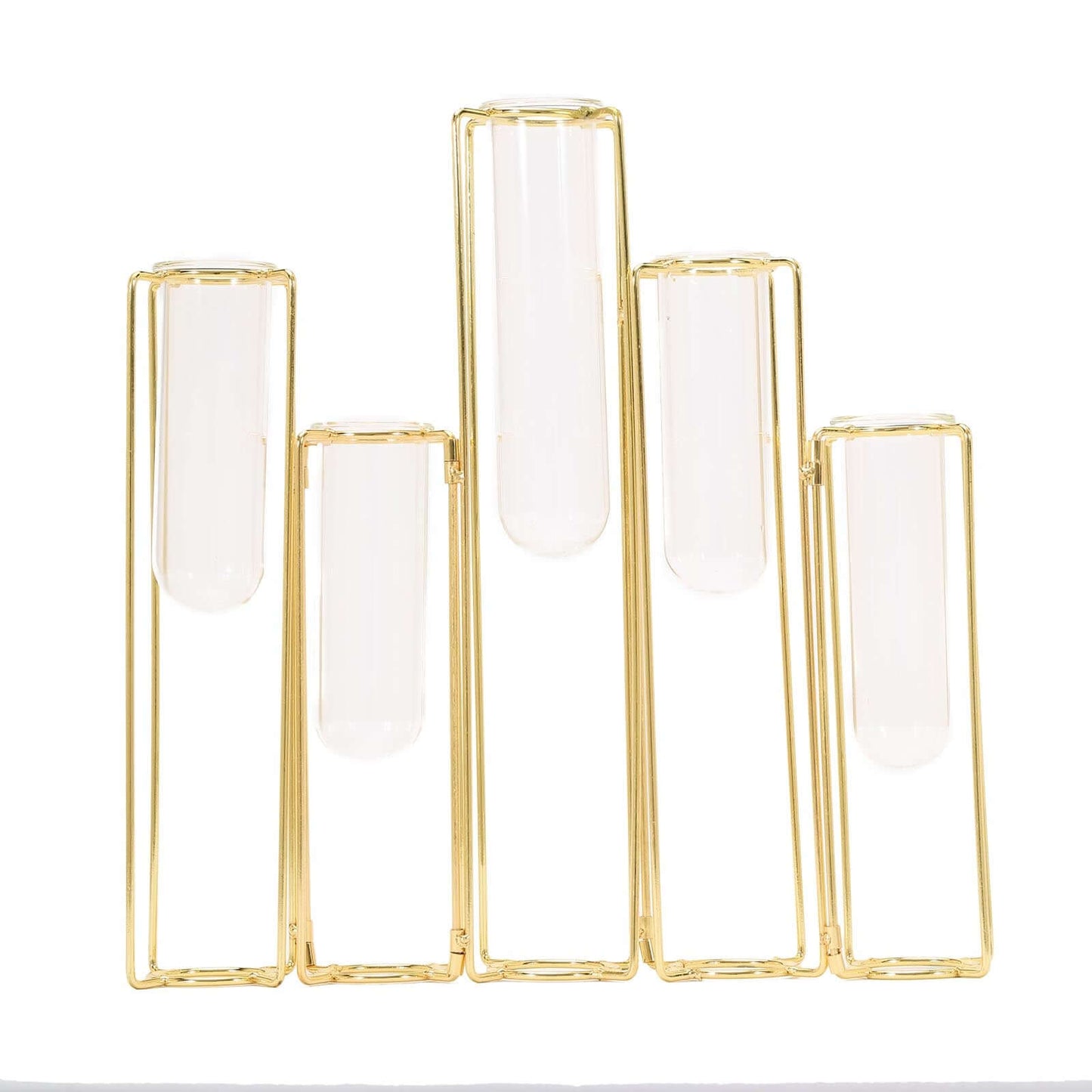 Set of 5 Wedding Centerpieces Gold Frame Conjoined Geometric Design - Test Tube Hydroponic Vases 12" - Linen Luxes
