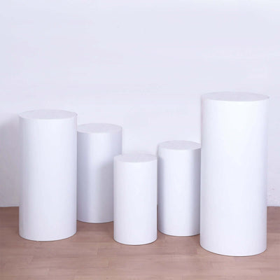 Set of 5 White Metal Cylinder Pillar Prop Stands For Wedding Aisle, Round Plinth Pedestal Display Boxes - 20",22",24",28",32"