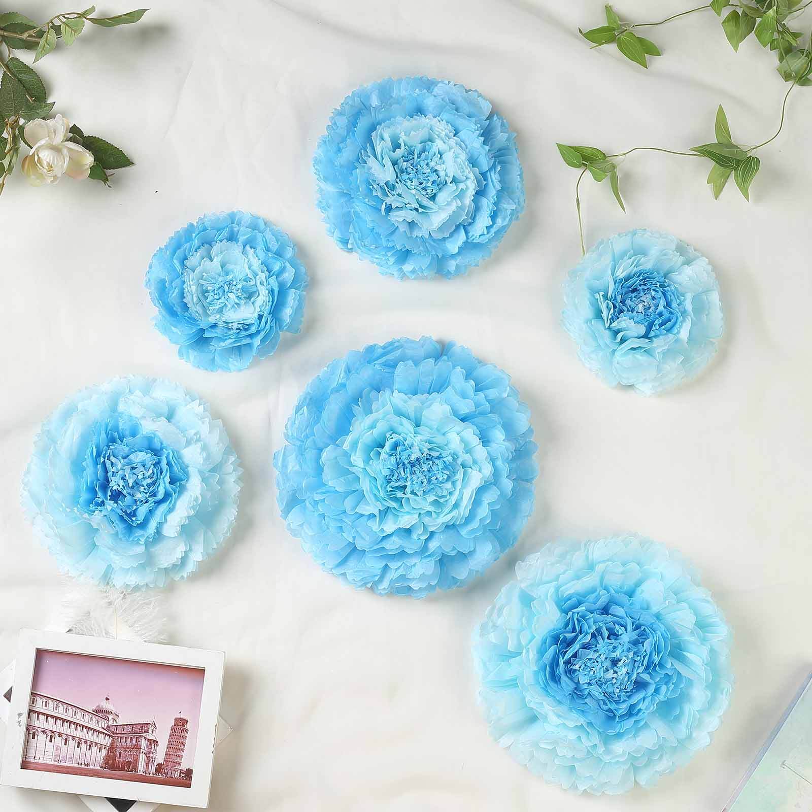 Set of 6 Aqua Blue Carnation 3D Paper Flowers Wall Decor - 7",9",11" - Linen Luxes