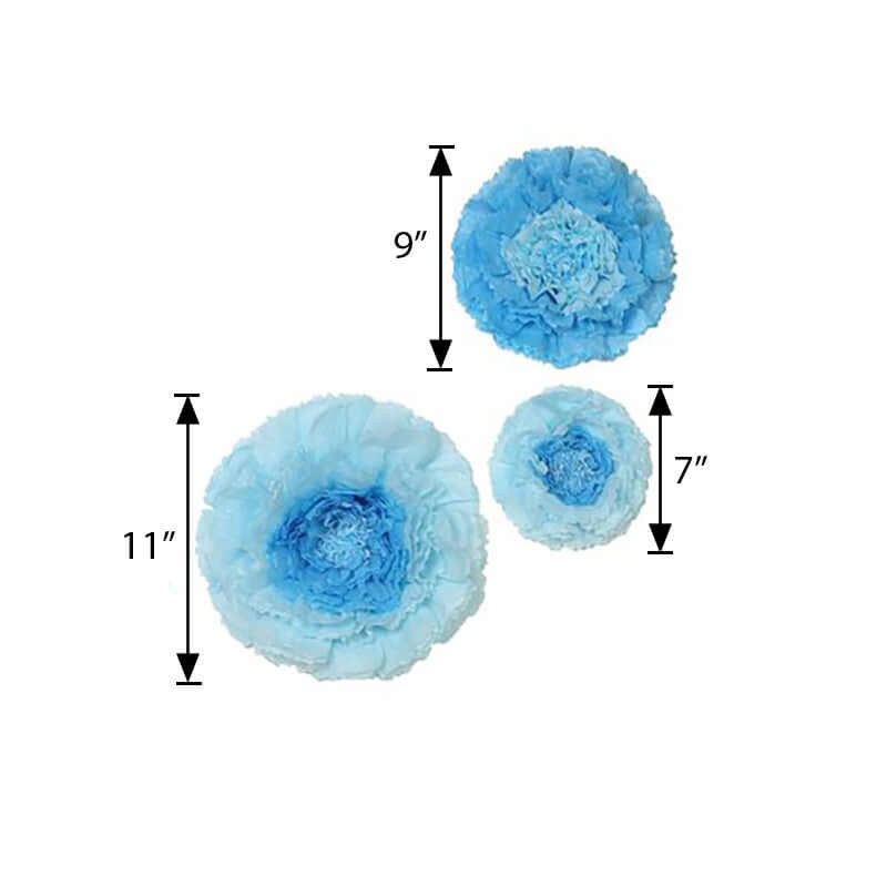 Set of 6 Aqua Blue Carnation 3D Paper Flowers Wall Decor - 7",9",11" - Linen Luxes