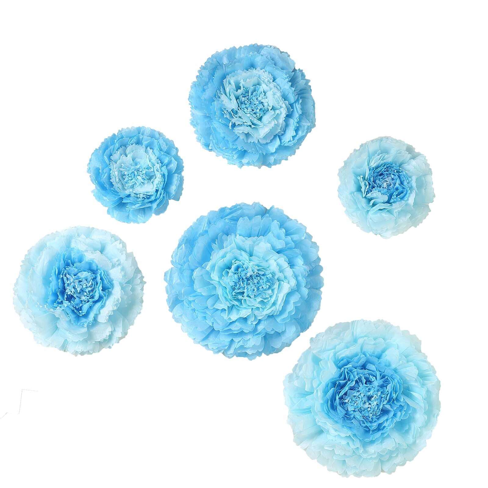 Set of 6 Aqua Blue Giant Carnation 3D Paper Flowers Wall Decor - 12",16",20" - Linen Luxes
