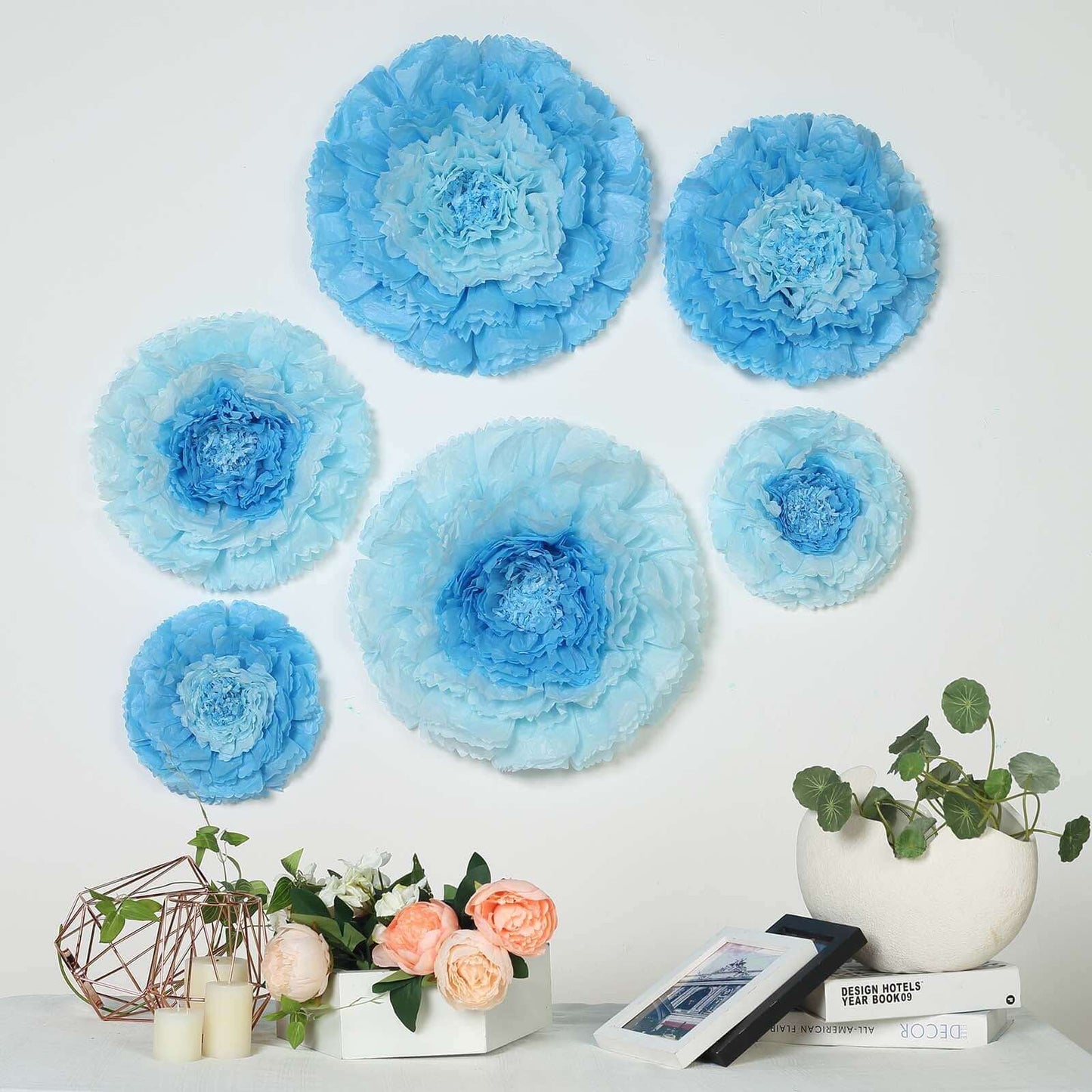 Set of 6 Aqua Blue Giant Carnation 3D Paper Flowers Wall Decor - 12",16",20" - Linen Luxes