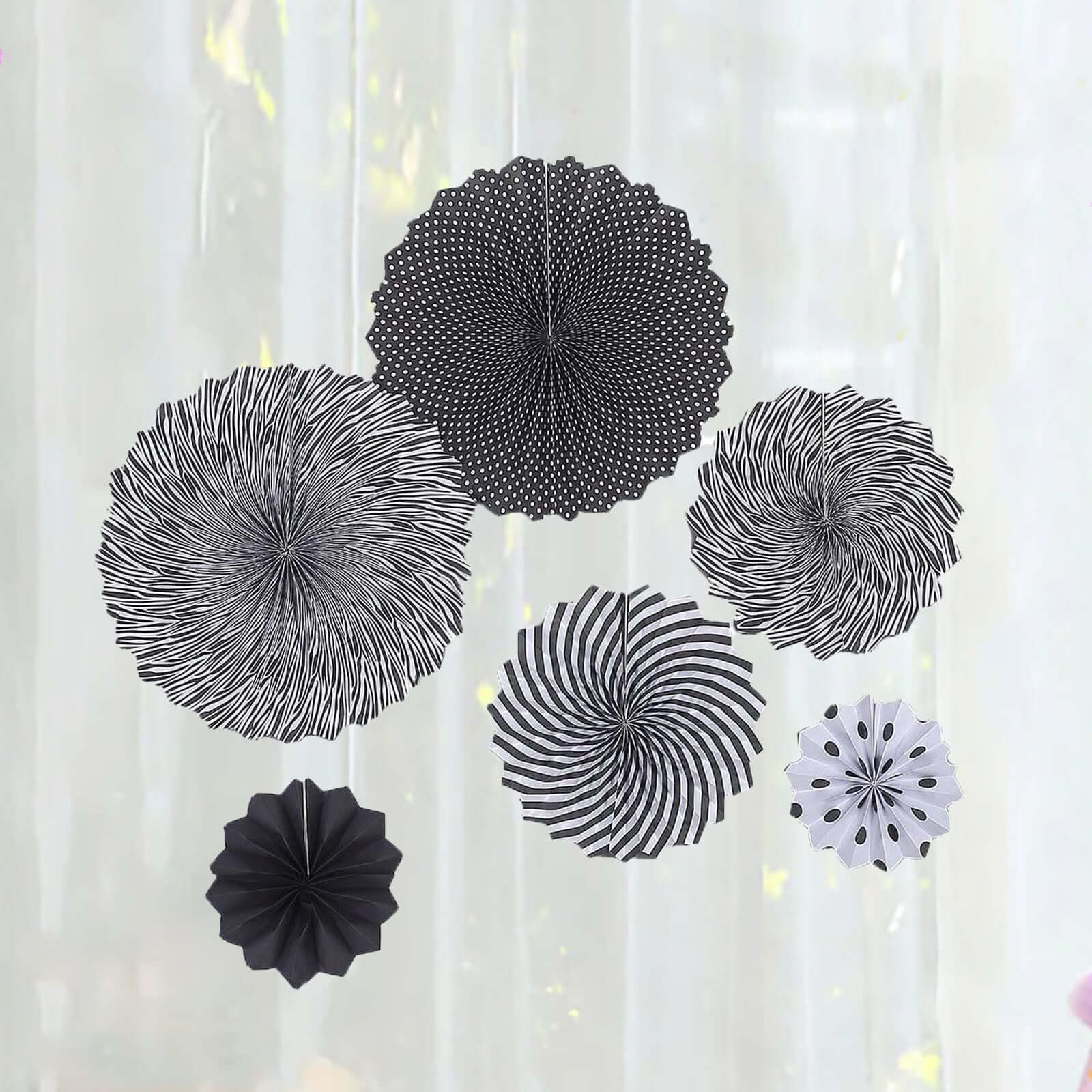 Set of 6 Black White Hanging Paper Fan Decorations, Pinwheel Wall Backdrop Party Kit - 8", 12", 16" - Linen Luxes