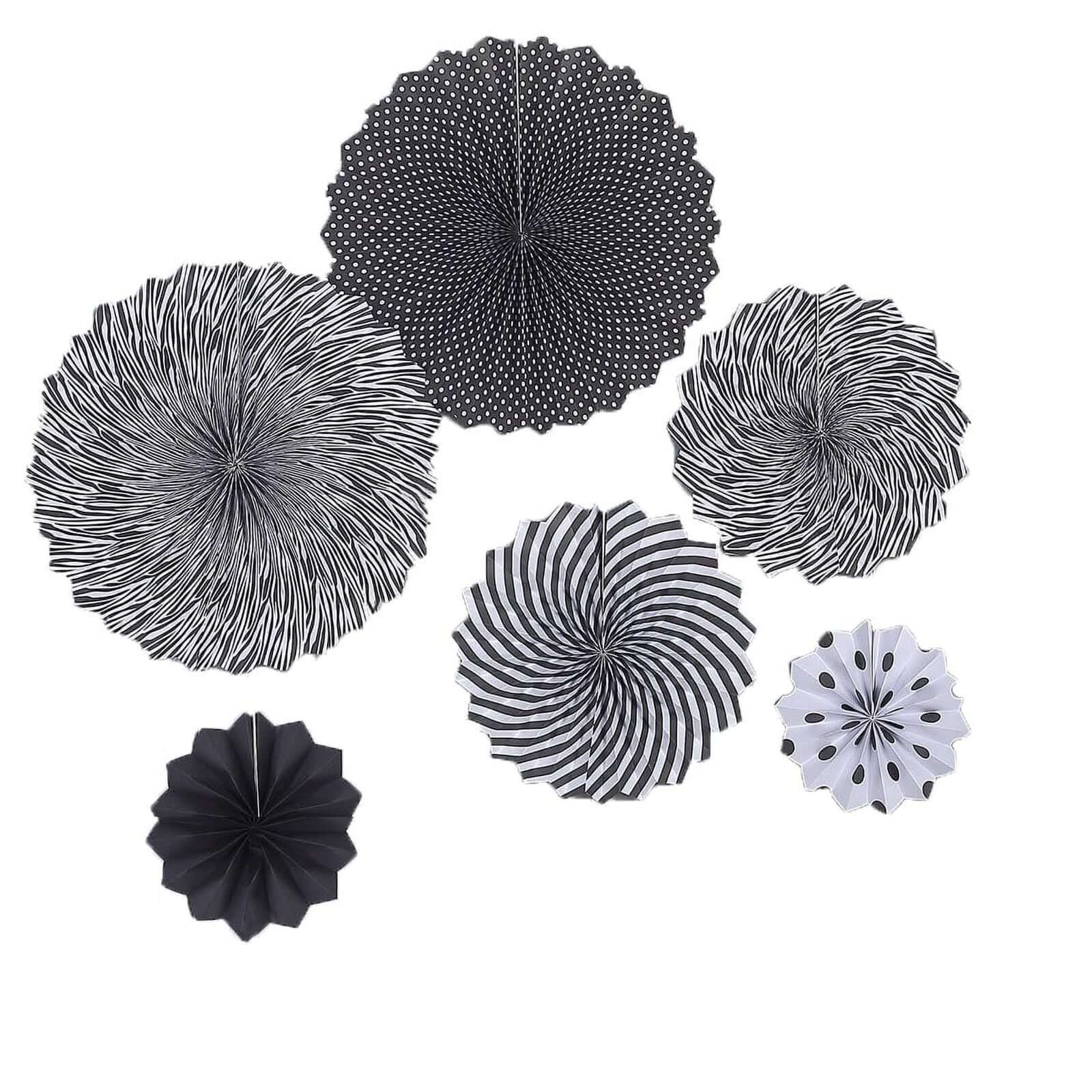 Set of 6 Black White Hanging Paper Fan Decorations, Pinwheel Wall Backdrop Party Kit - 8", 12", 16" - Linen Luxes