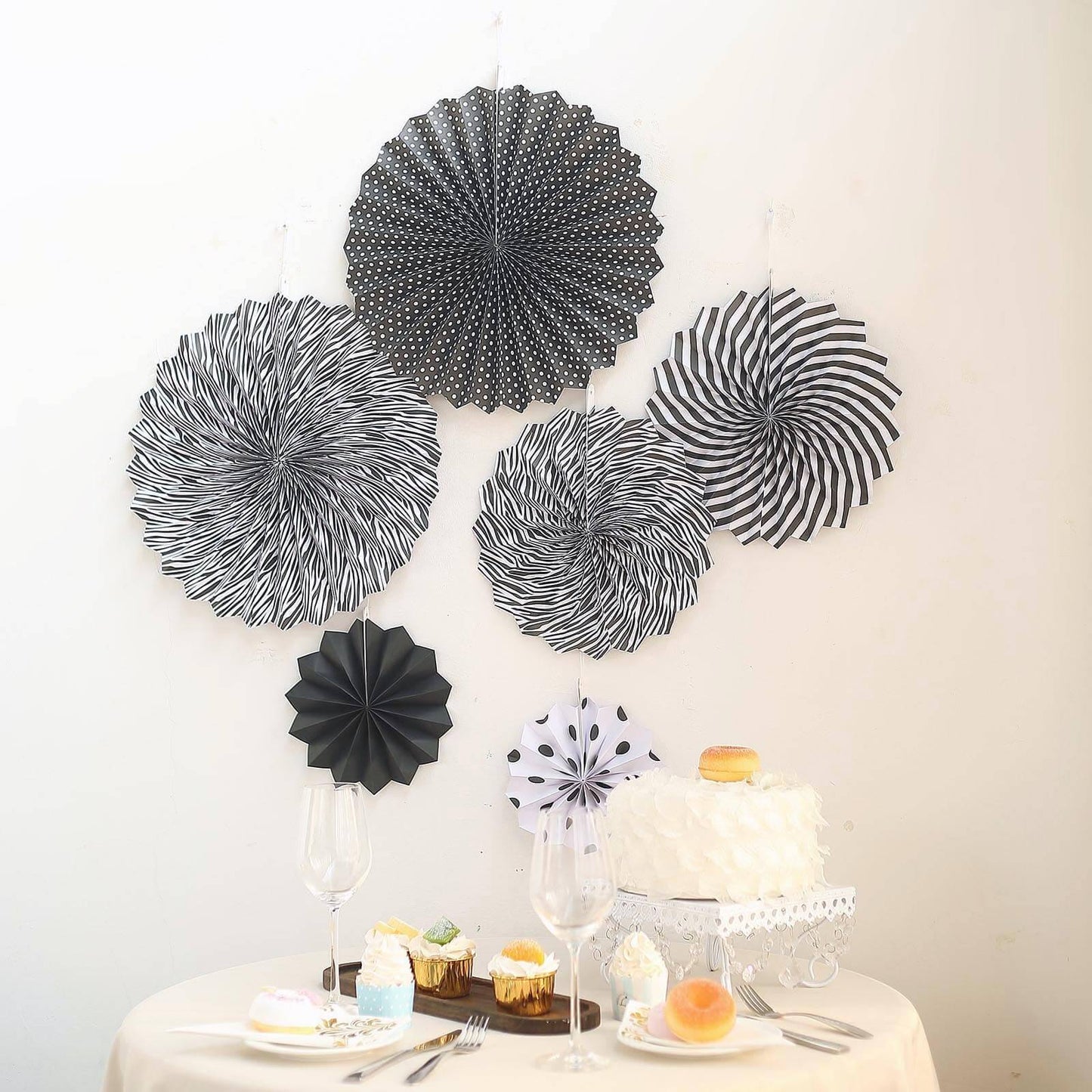 Set of 6 Black White Hanging Paper Fan Decorations, Pinwheel Wall Backdrop Party Kit - 8", 12", 16" - Linen Luxes