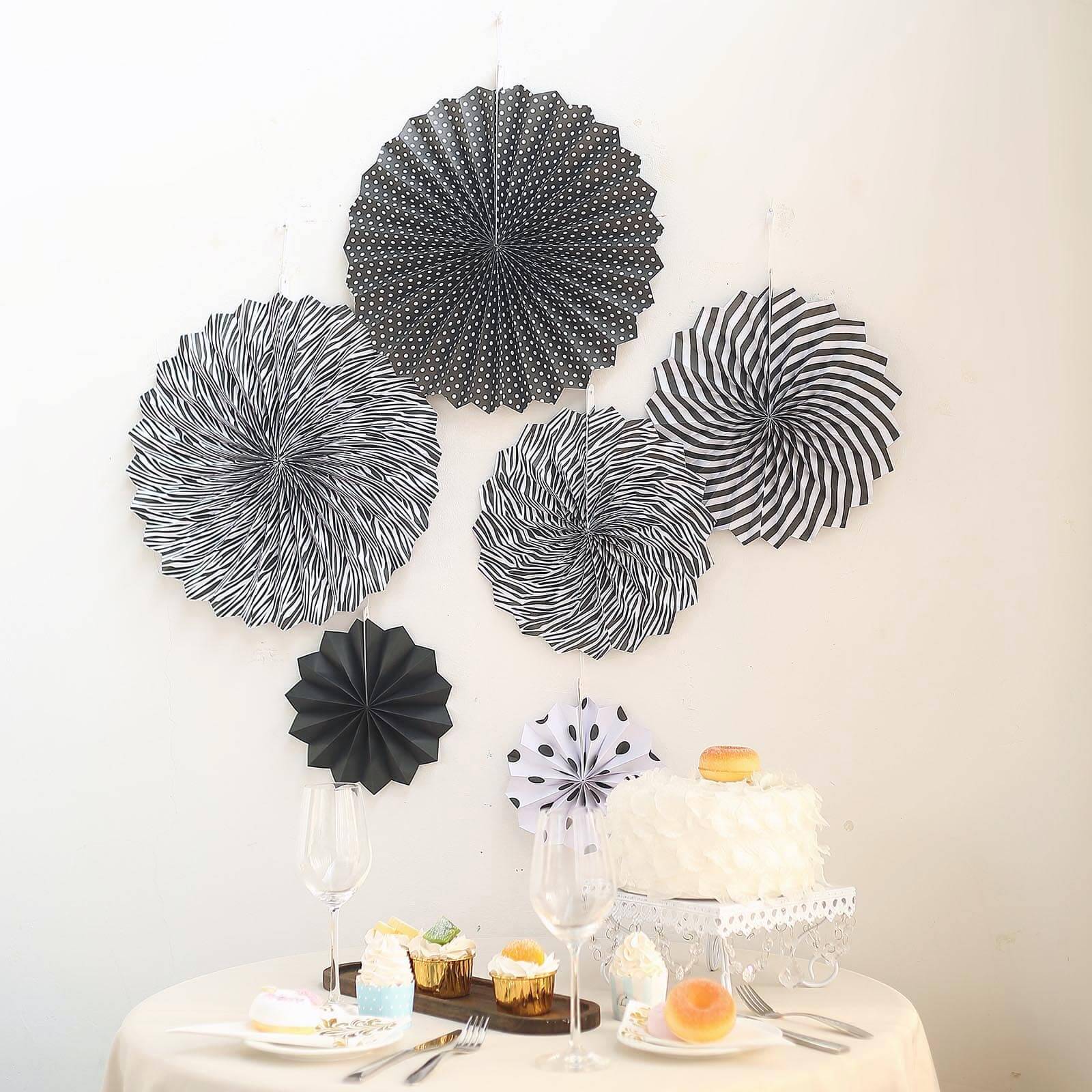 Set of 6 Black White Hanging Paper Fan Decorations, Pinwheel Wall Backdrop Party Kit - 8", 12", 16" - Linen Luxes