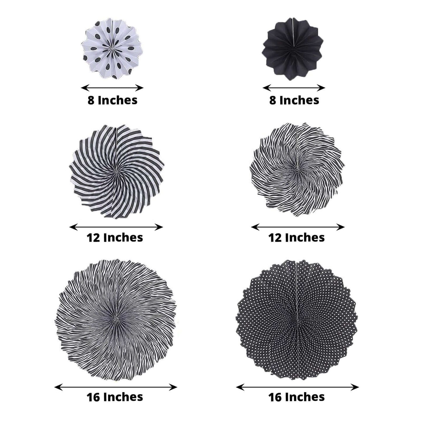 Set of 6 Black White Hanging Paper Fan Decorations, Pinwheel Wall Backdrop Party Kit - 8", 12", 16" - Linen Luxes