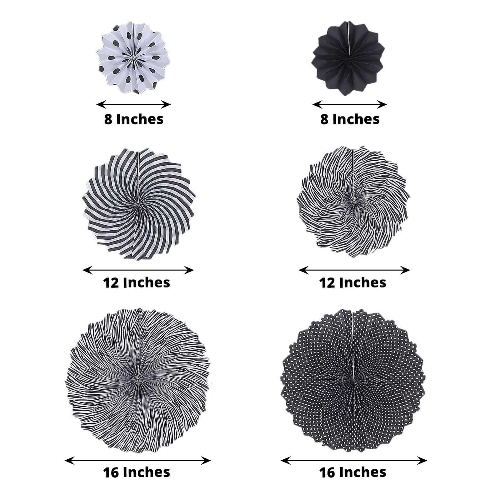 Set of 6 Black White Hanging Paper Fan Decorations, Pinwheel Wall Backdrop Party Kit - 8", 12", 16" - Linen Luxes