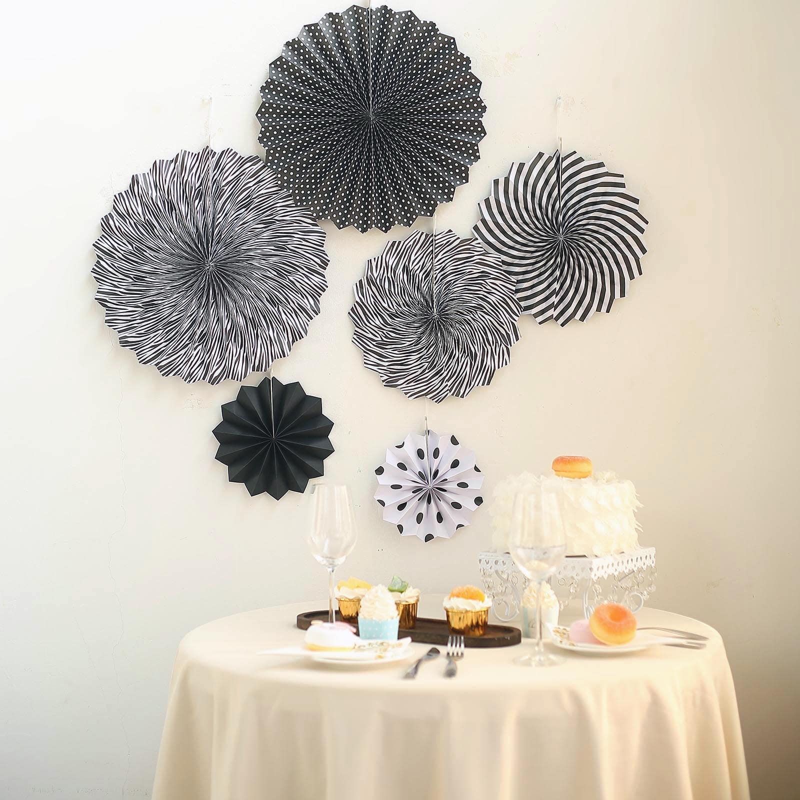 Set of 6 Black White Hanging Paper Fan Decorations, Pinwheel Wall Backdrop Party Kit - 8", 12", 16" - Linen Luxes