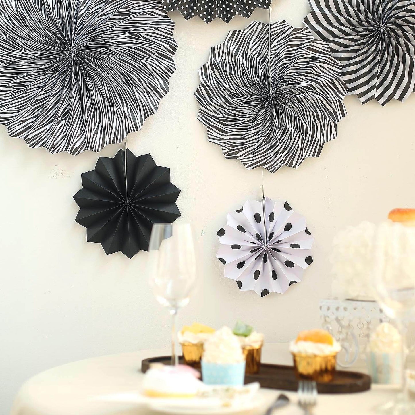 Set of 6 Black White Hanging Paper Fan Decorations, Pinwheel Wall Backdrop Party Kit - 8", 12", 16" - Linen Luxes