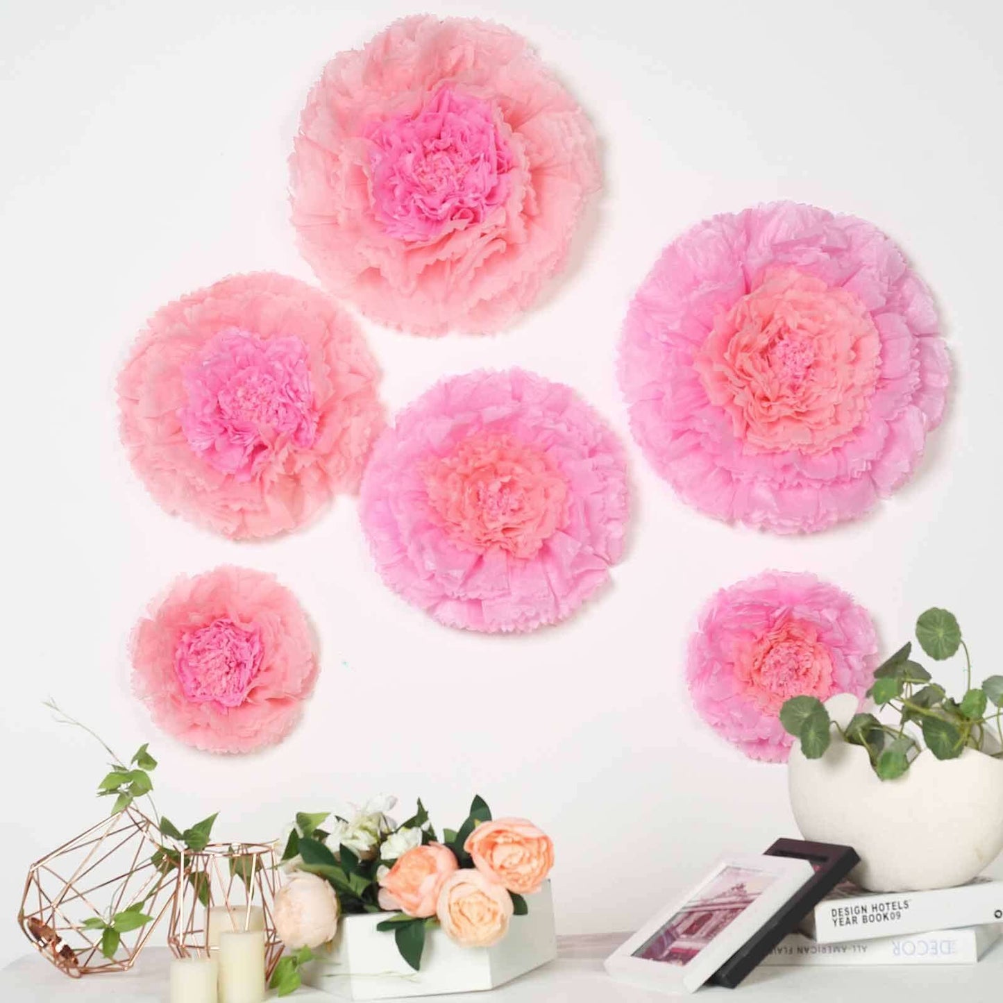 Set of 6 Blush Pink Carnation 3D Paper Flowers Wall Decor - 7",9",11" - Linen Luxes