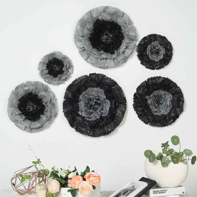 Set of 6 Charcoal Gray Carnation 3D Paper Flowers Wall Decor - 7",9",11" - Linen Luxes