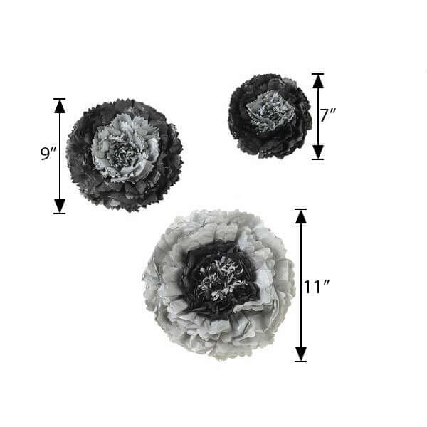 Set of 6 Charcoal Gray Carnation 3D Paper Flowers Wall Decor - 7",9",11" - Linen Luxes