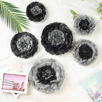 Set of 6 Charcoal Gray Carnation 3D Paper Flowers Wall Decor - 7",9",11" - Linen Luxes